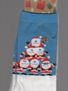K Bell Christmas Santa Socks Women's Crew Polyester Blue White Red 9-11 Snow NEW